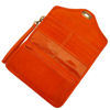 Open Orange Leather Purse with Wrist Strap on White Background