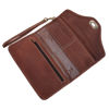 Open Dark Brown Leather Purse with Wrist Strap on White Background