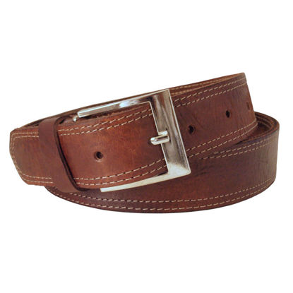 A coiled brown belt with a silver buckle on a white background