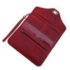 Open Dark Red Leather Purse with Wrist Strap on White Background