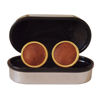 Gold Leather Cufflinks Inside Silver Case on White Background