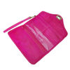 Open Pink Leather Purse with Wrist Strap on White Background