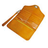 Open Yellow Leather Purse with Wrist Strap on White Background