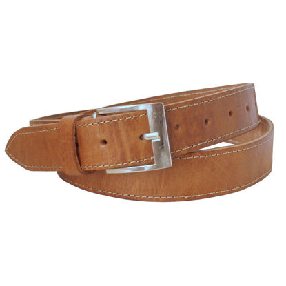 A coiled tan belt with a silver buckle on a white background