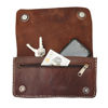 Opened Dark Brown Kenitra Cross-Body with Keys, Phone, and Money Inside on White Background