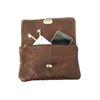 Opened Dark Brown Soft Kenitra Cross-Body with Keys, Phone, and Money on White Background