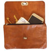 Opened Tan Soft Kenitra Cross-Body with Keys, Phone, and Money on White Background