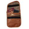 Opened Kenitra Travel Pouch in Tan with Passport, Phone, and Money Inside on White Background