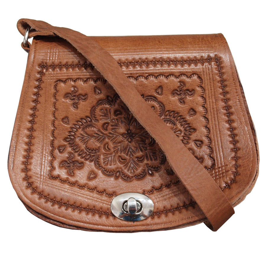 Tan Mini Tamara Saddle Bag with Embossed Leather with Strap on White Background