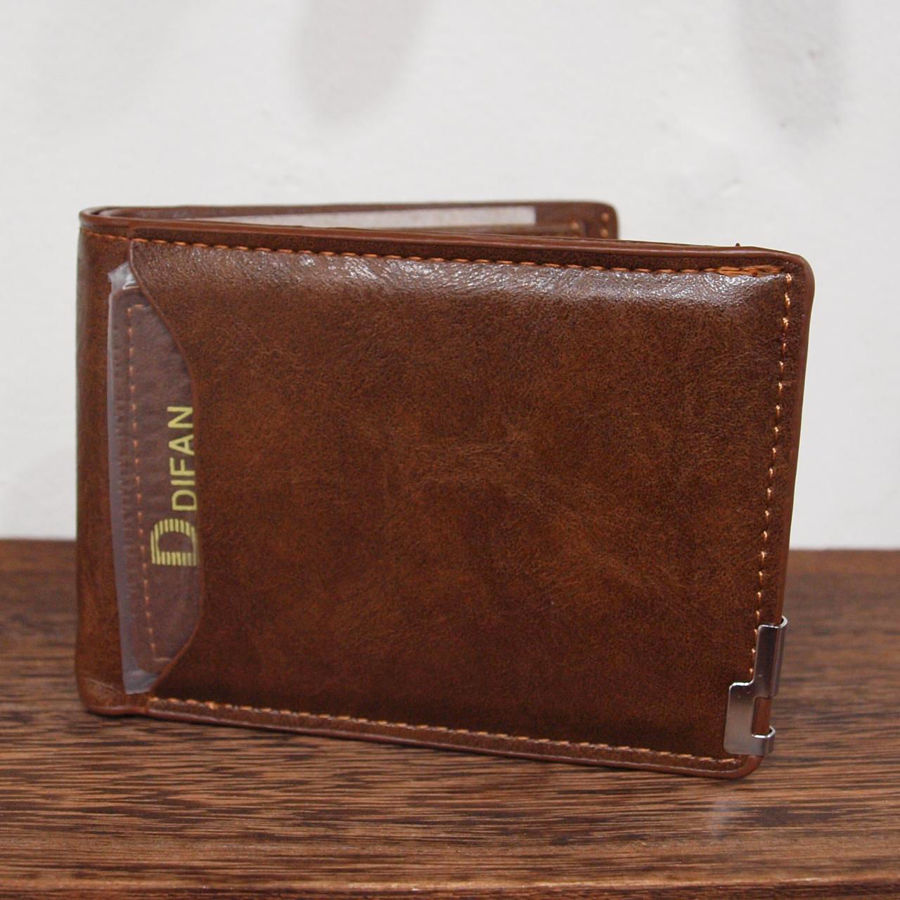 Bi-Fold Brown Wallet on Wooden Surface and White Background