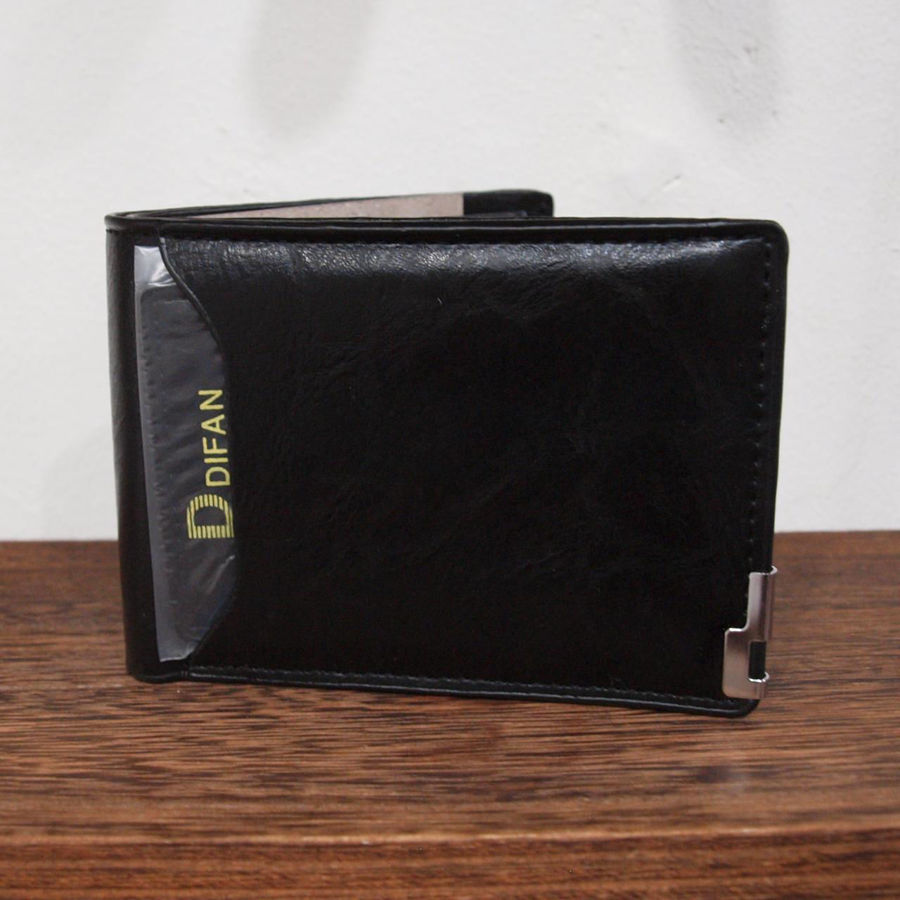 Bi-Fold Black Wallet on Wooden Surface and White Background