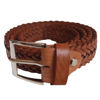 A coiled tan braided belt with white stitching and a silver buckle on a white background