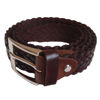 A coiled brown braided belt with white stitching and a silver buckle on a white background