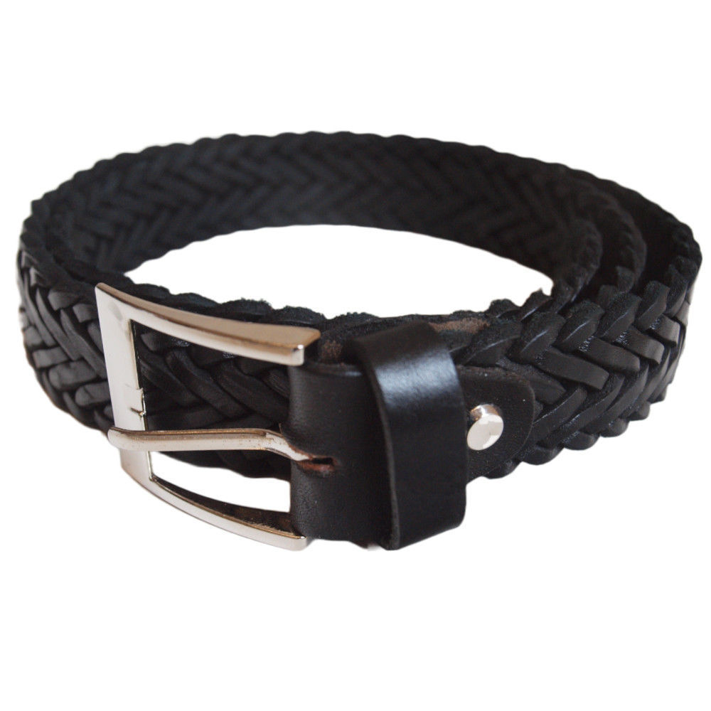 A coiled black braided belt with white stitching and a silver buckle on a white background