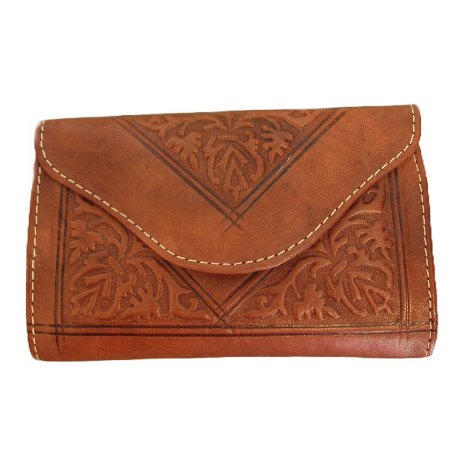 Small Leather Tri-Fold Purse Dark Brown on White Background