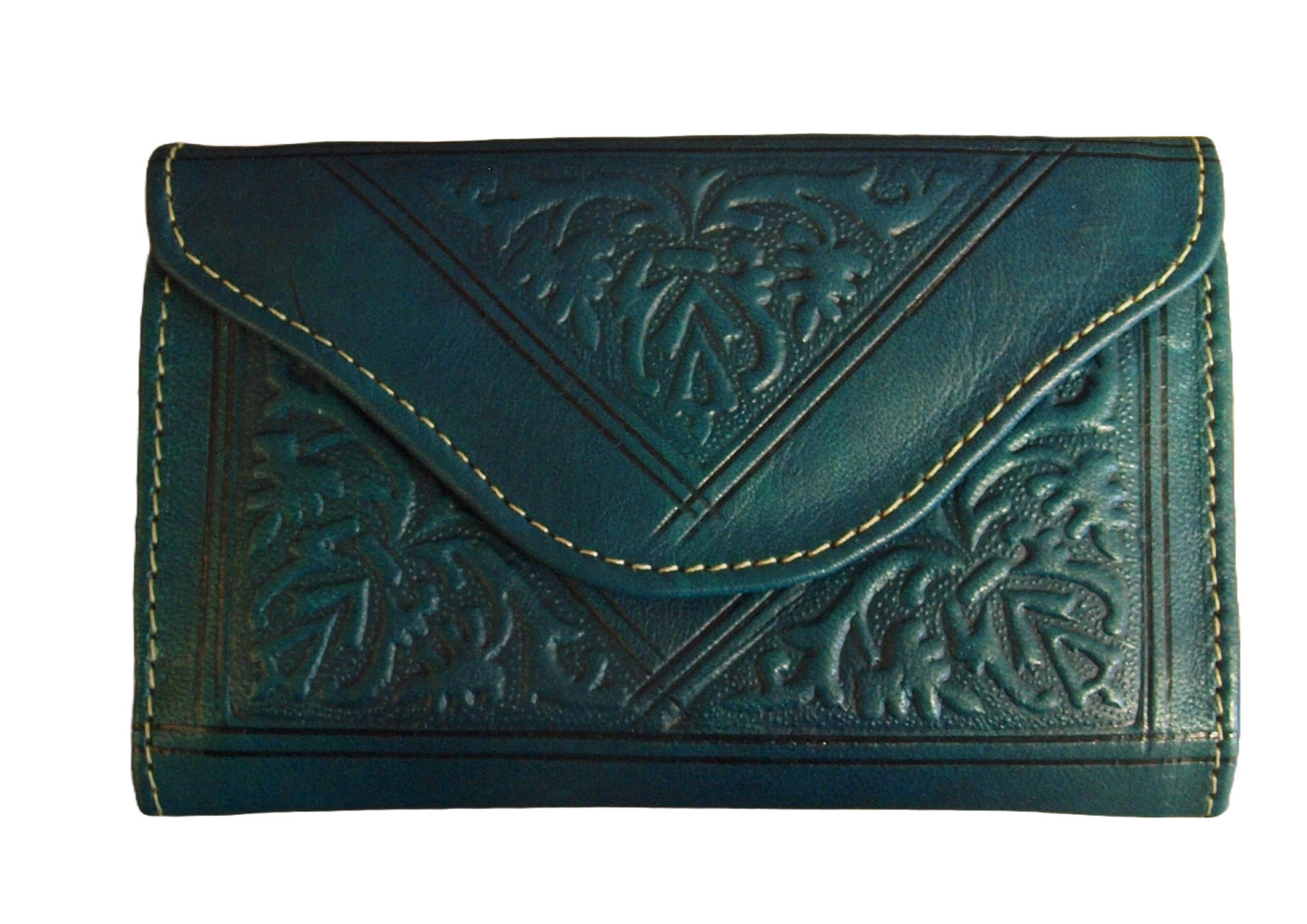 Small Leather Tri-Fold Purse Teal on White Background