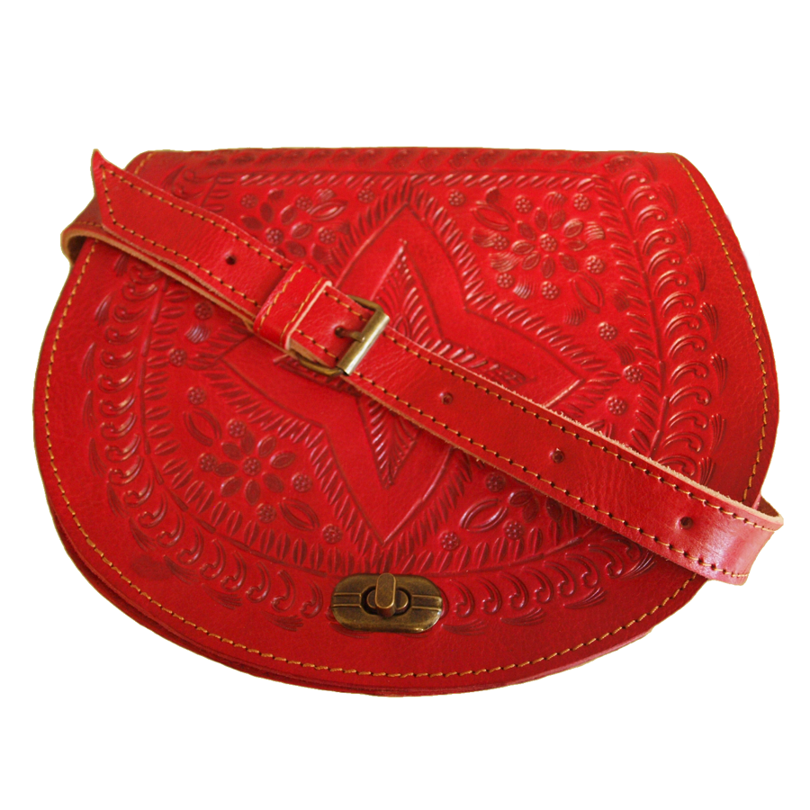 Temara Red Embossed Saddle Bag on White Background