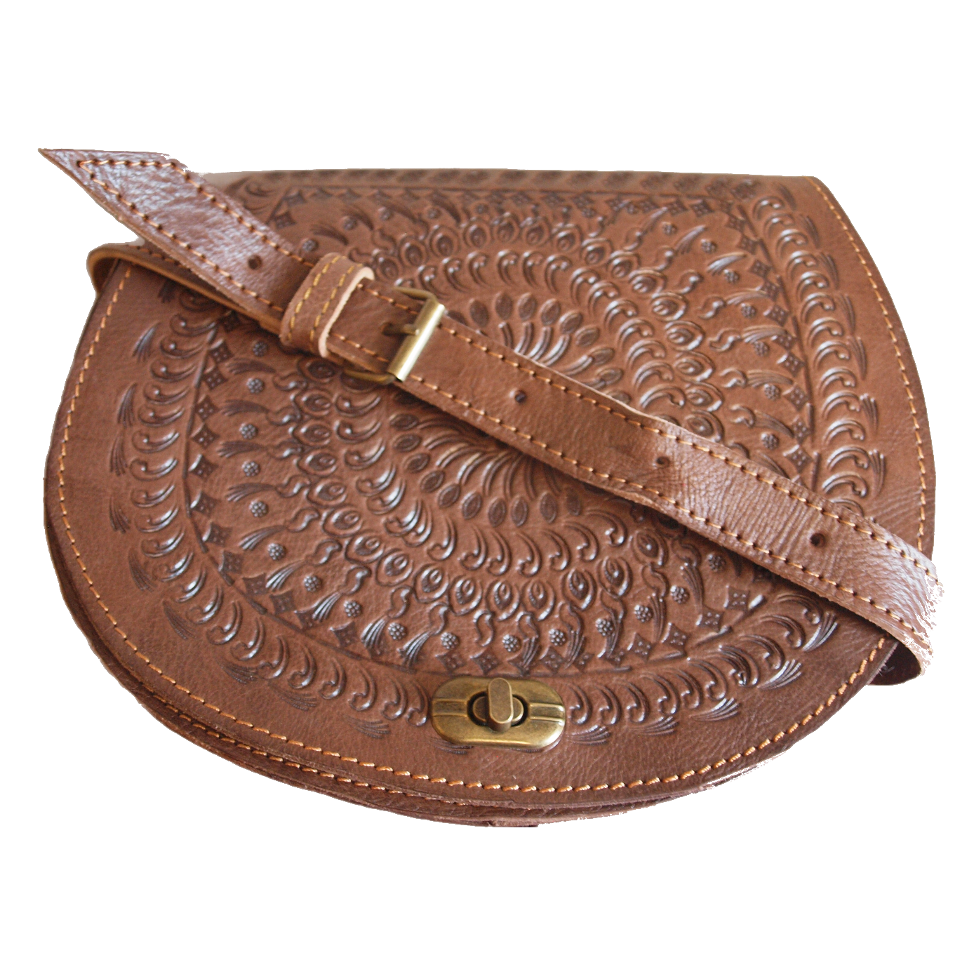 The Temara Embossed Saddle Bag in Brown on White Background