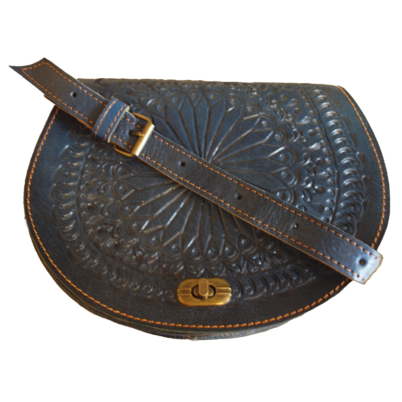 The Temara Embossed Saddle Bag in Navy Blue on White Background
