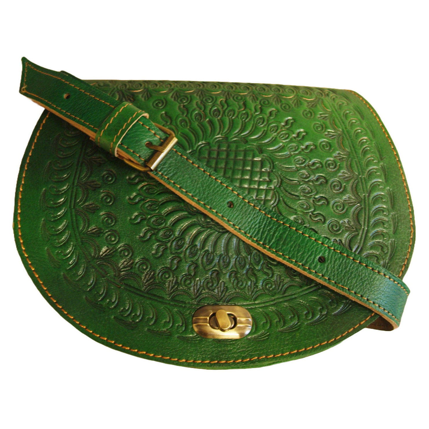 The Temara Embossed Saddle Bag in Green on White Background