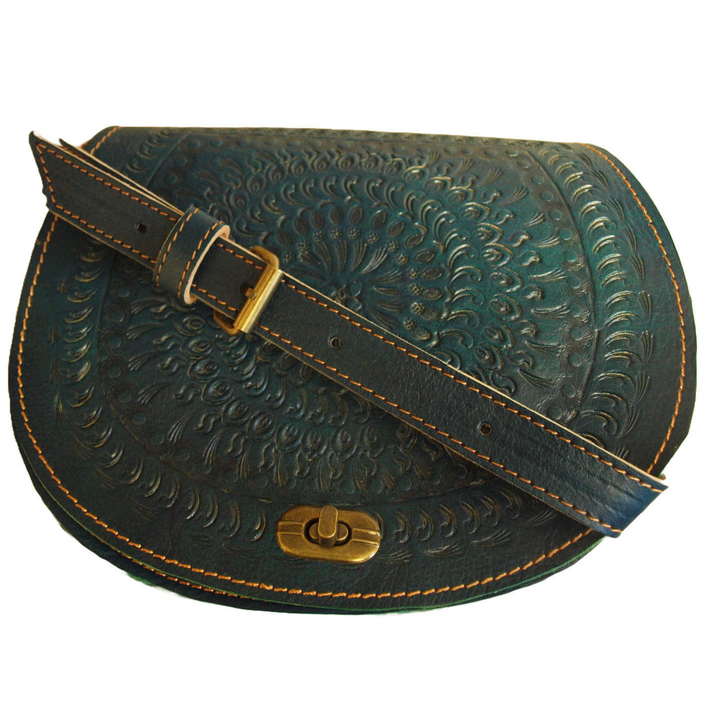 Teal Embossed Saddle Bag with Strap on Front on White Background