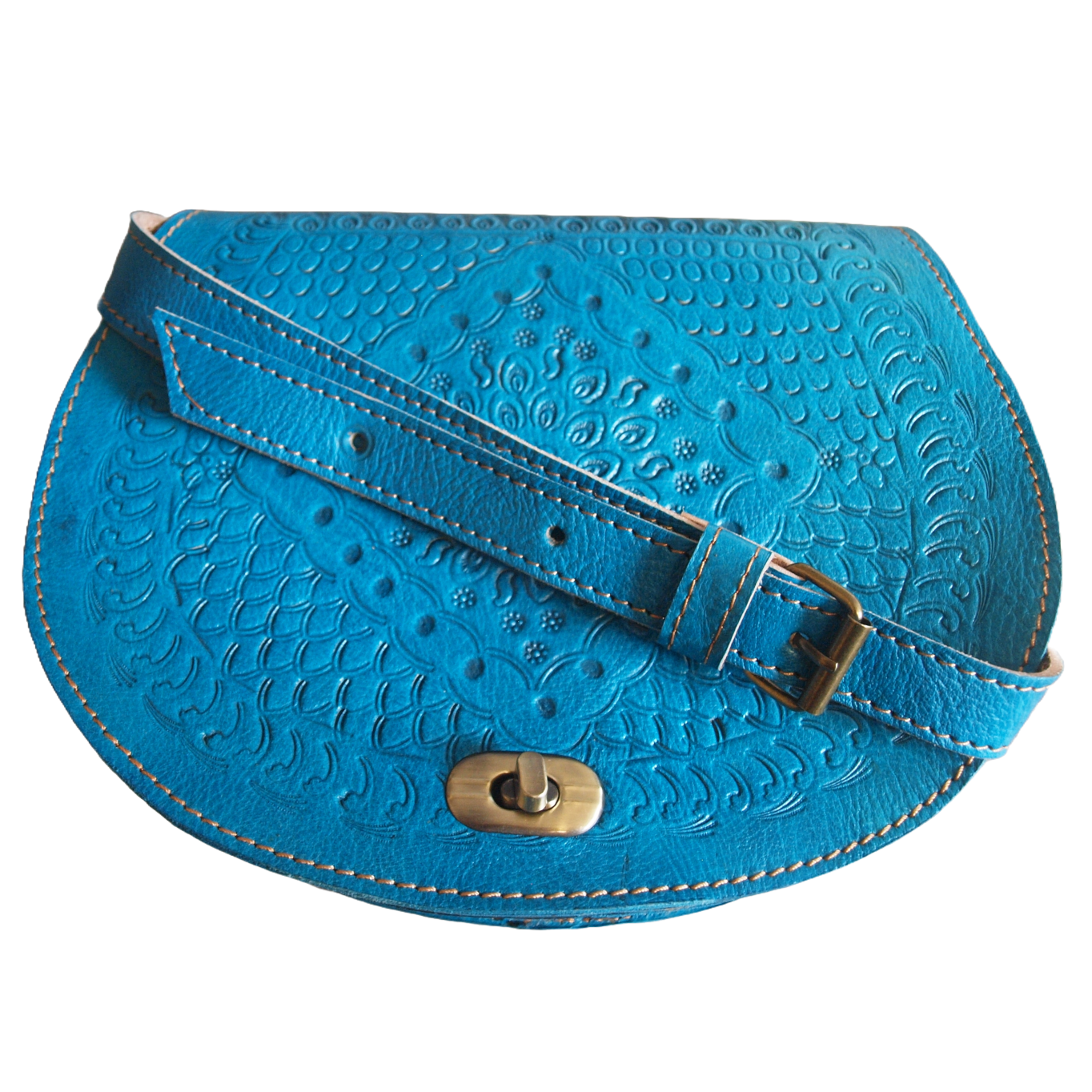 The Temara Embossed Saddle Bag in Blue on White Background