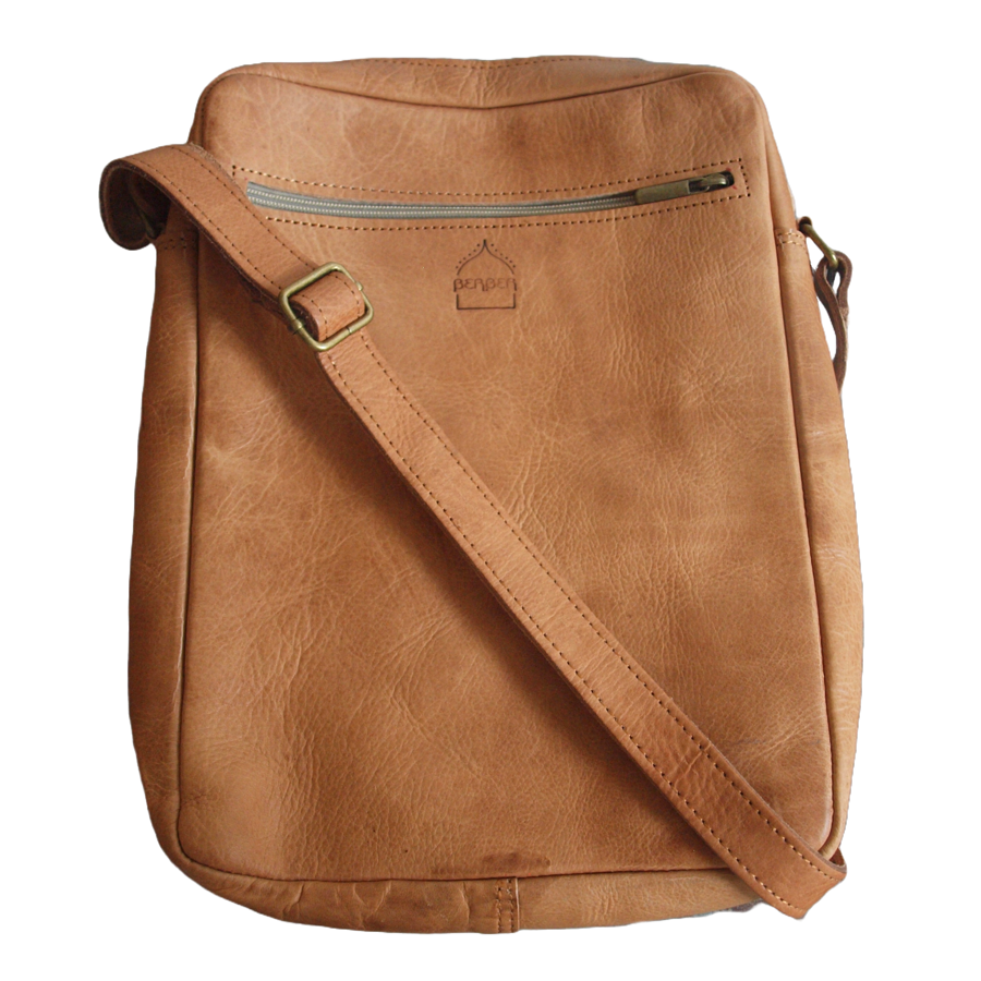 The Martil Large Messenger Bag in Tan with Strap on White Background