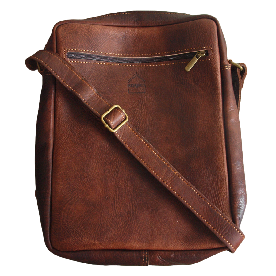 The Martil Large Messenger Bag in Dark Brown with Strap on White Background